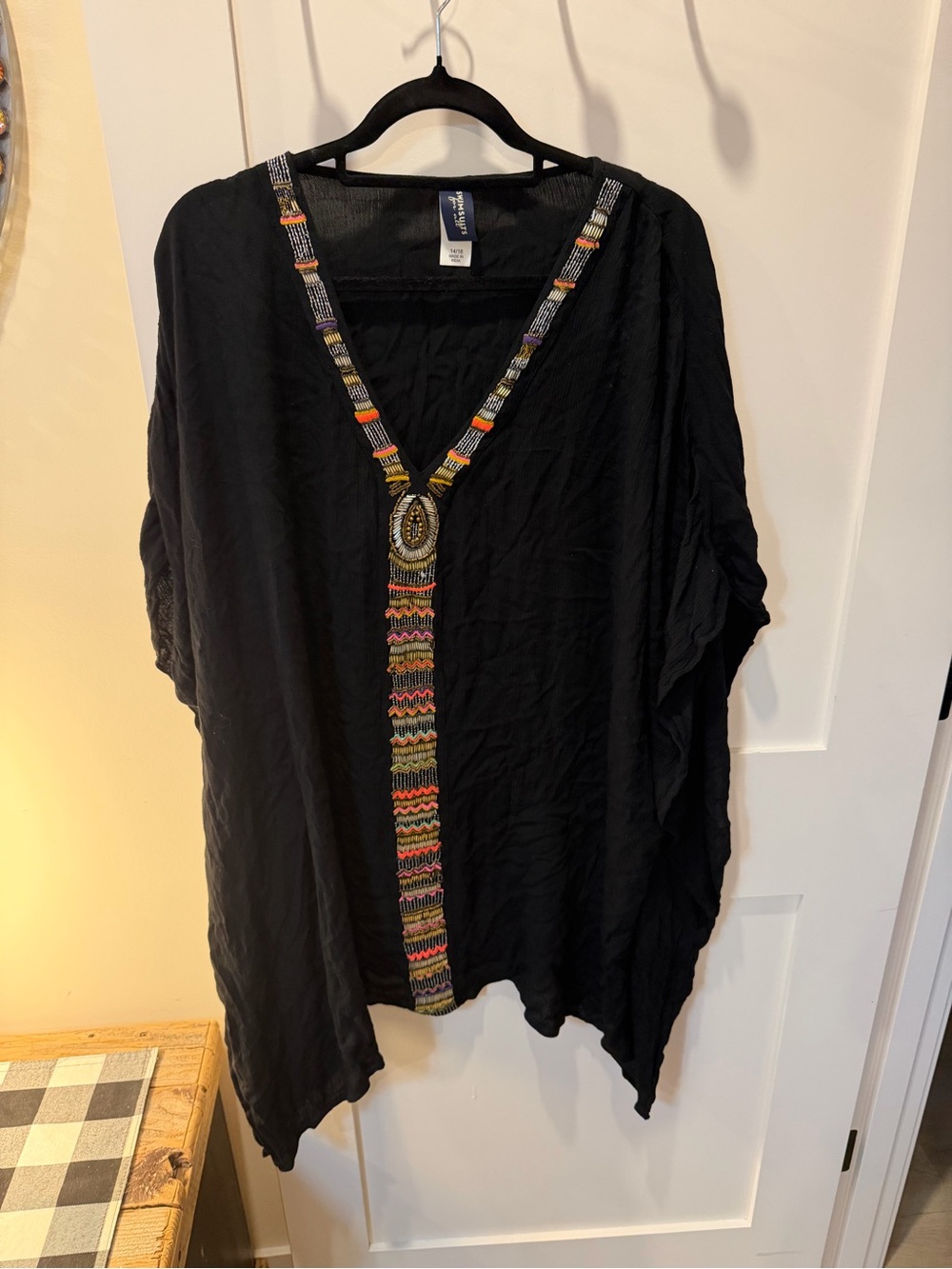 Swimsuits For All Black Embroidered V-Neck Tunic with Multicolor Trim